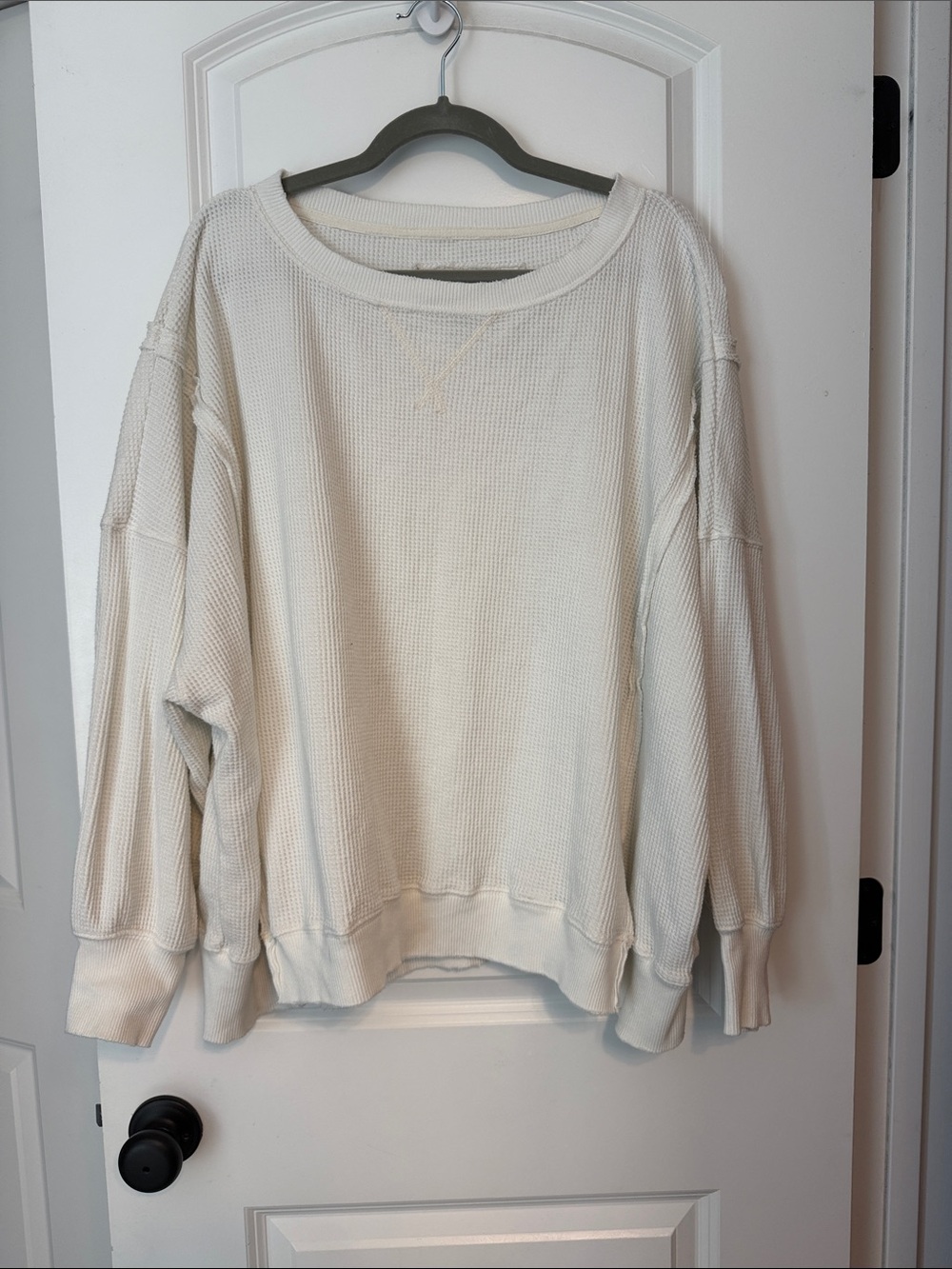American Eagle Outfitters Cream Waffle-Knit Crewneck Sweater
